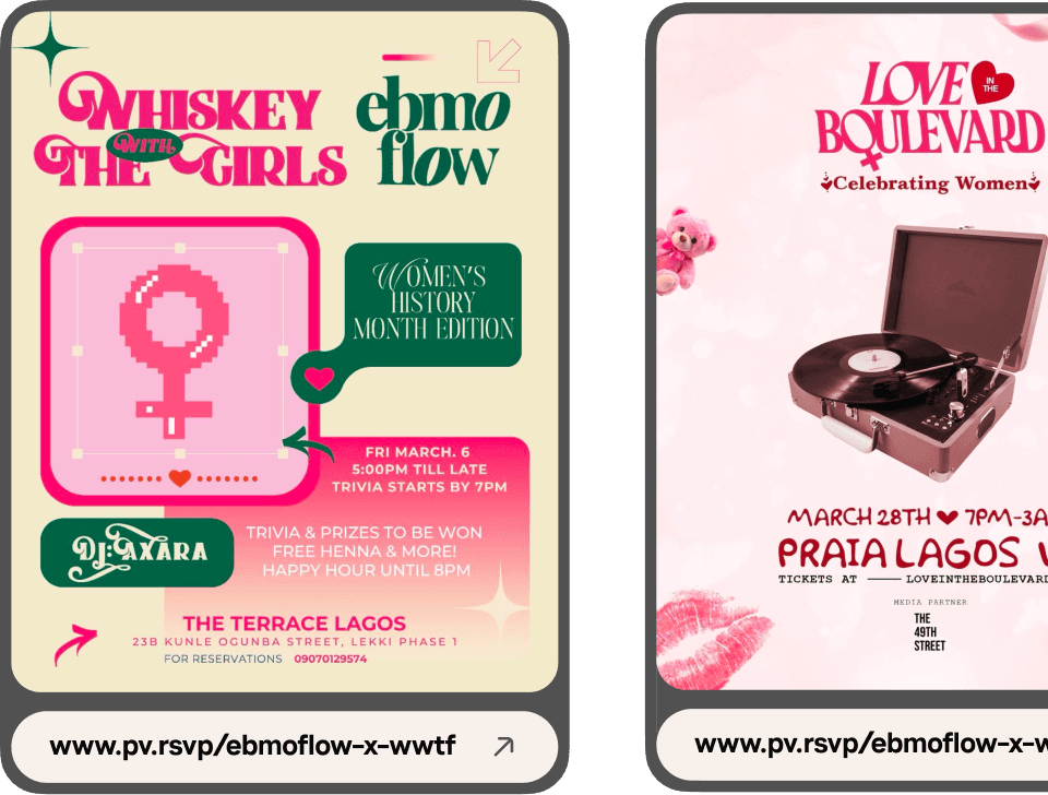 PartyVerse birthday event flyers on two phones