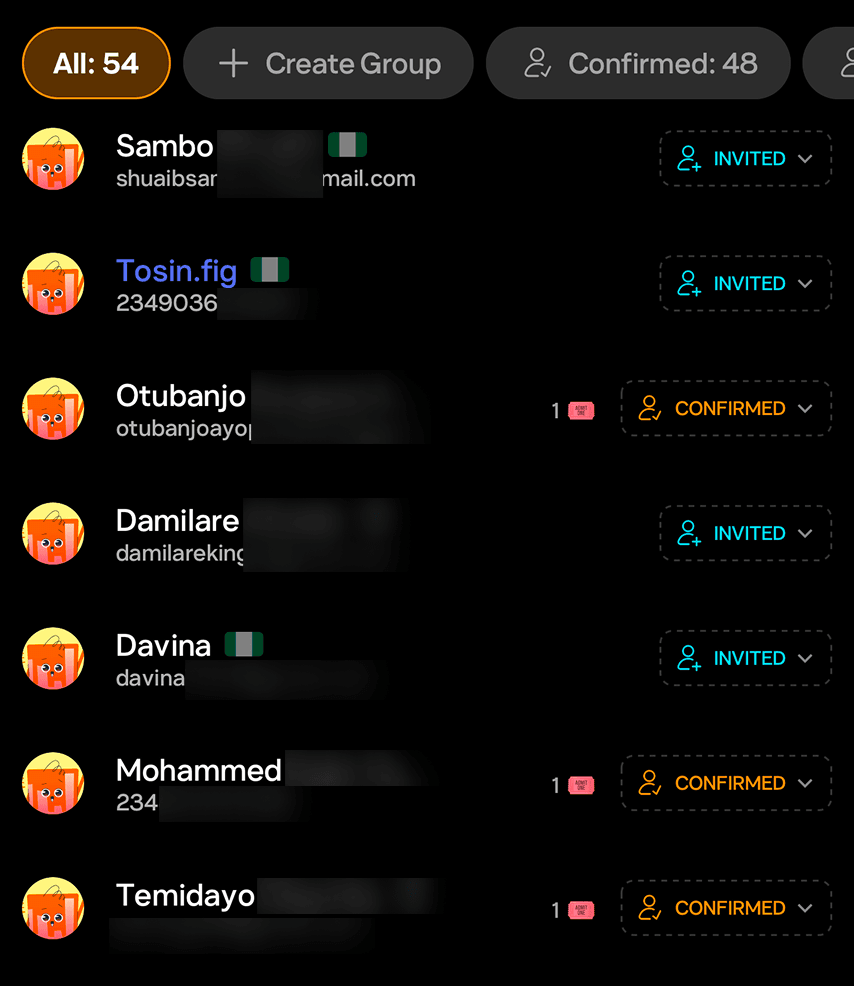 PartyVerse guest list with invite and confirmed status