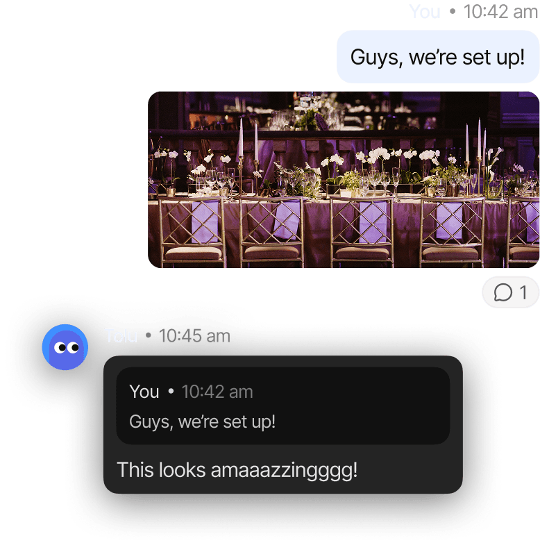 Team chat in Partyverse with event setup photo
