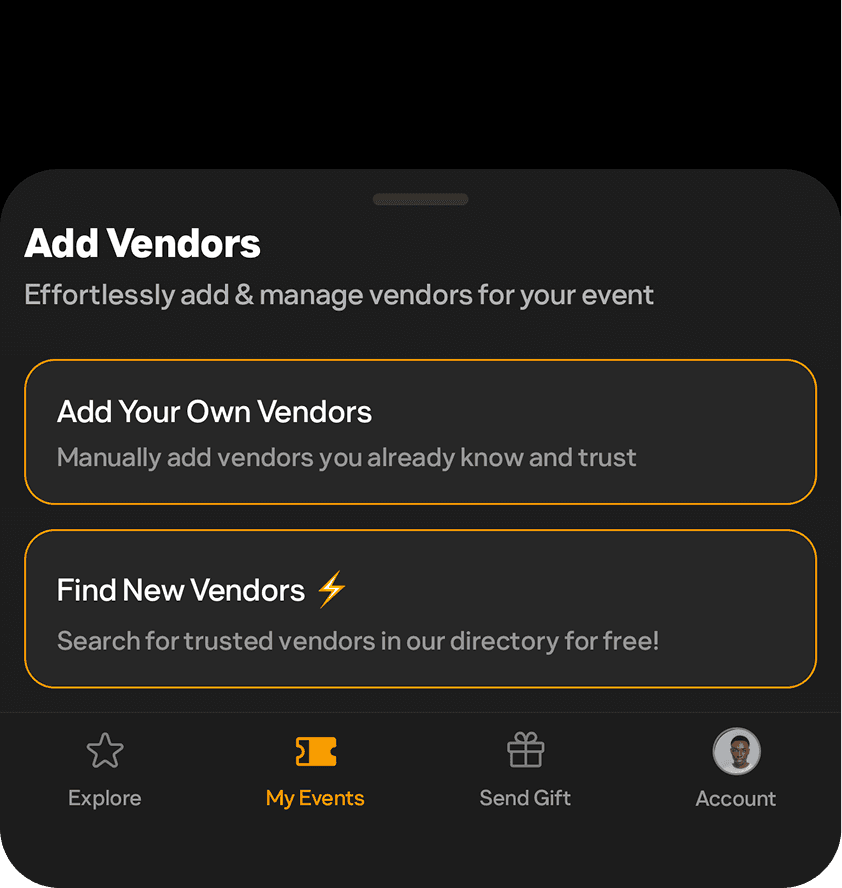 PartyVerse add vendors screen