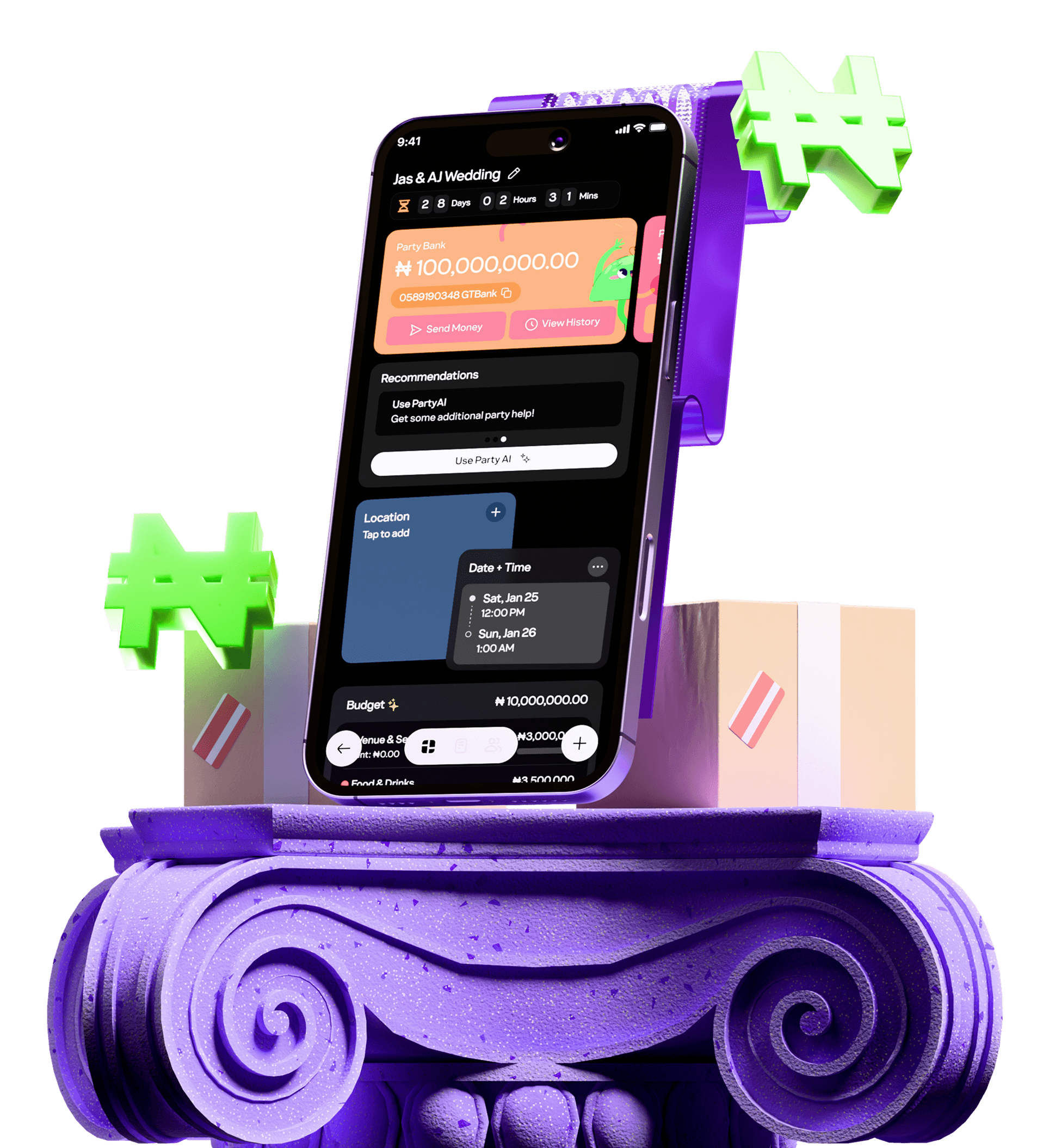 Partyverse planning: wedding app on a phone with 3D elements