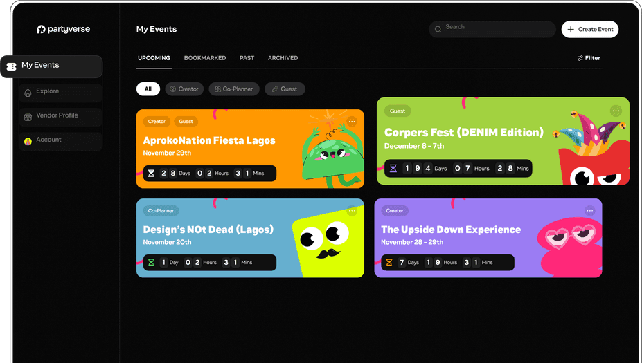 Partyverse web app: My Events dashboard with event cards