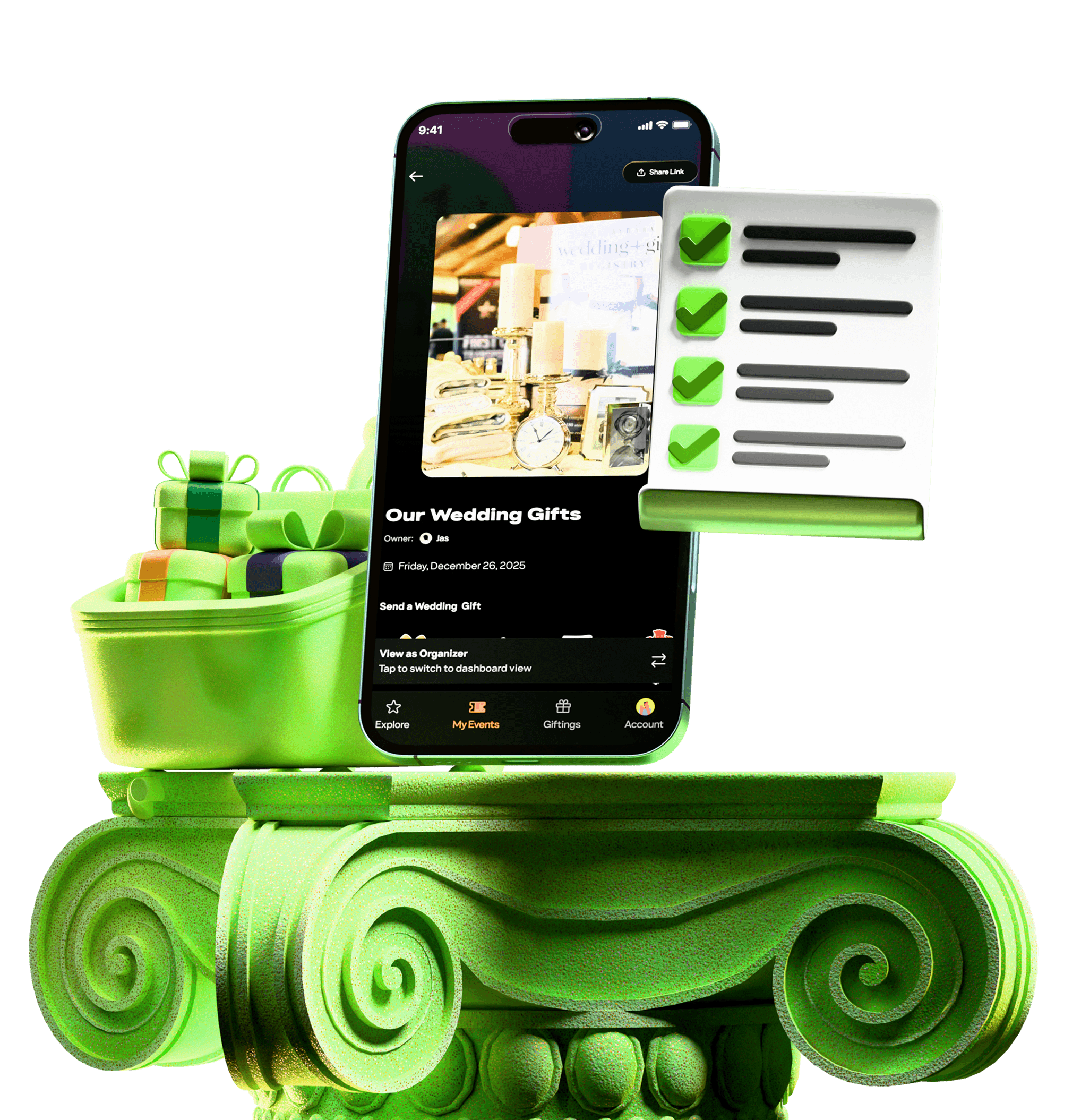 Partyverse gifting: phone with wishlist and gift boxes