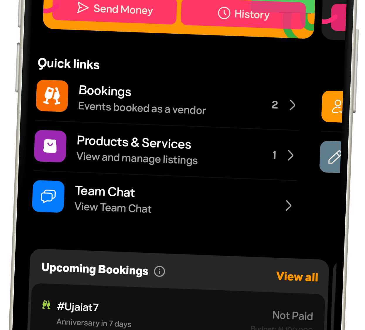 Vendor app screens in Partyverse